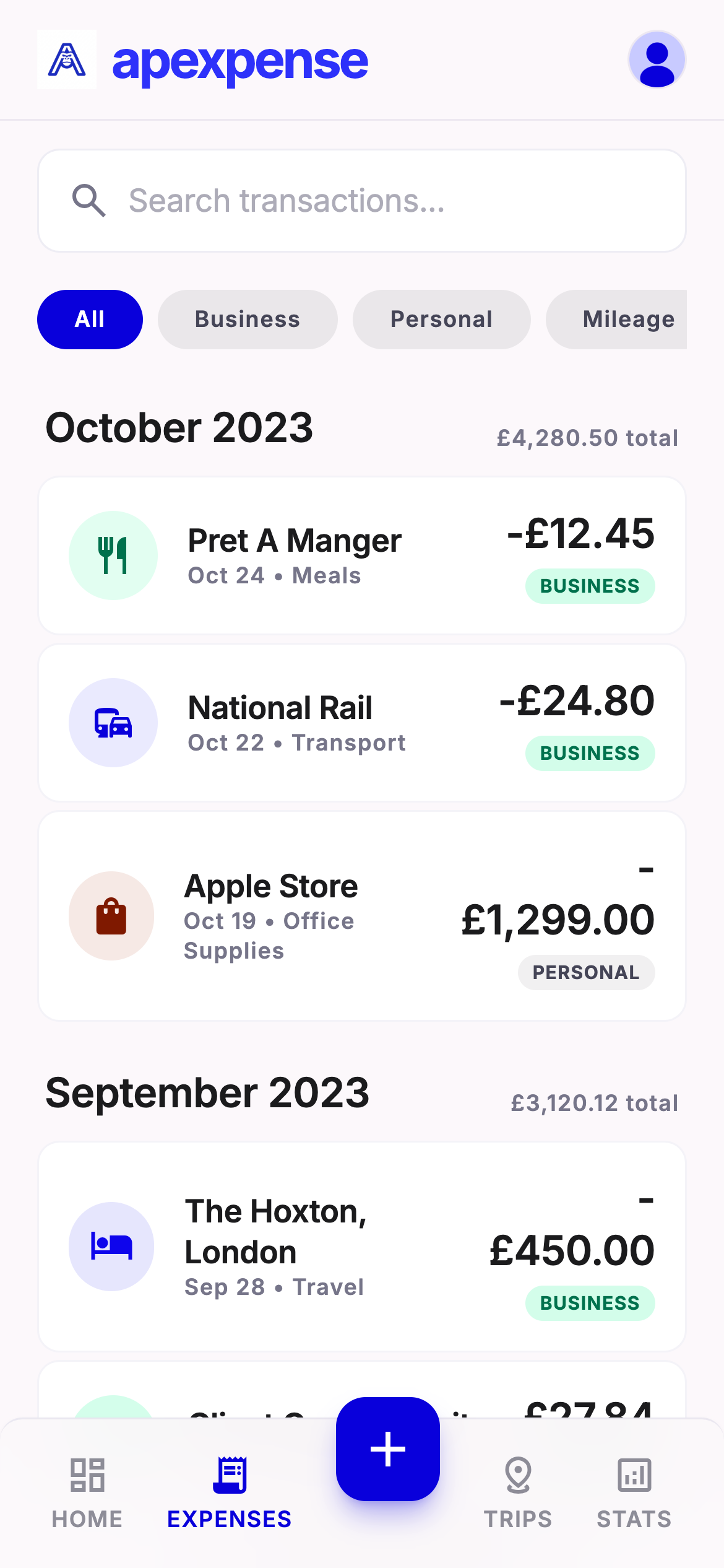 Expense list and categories